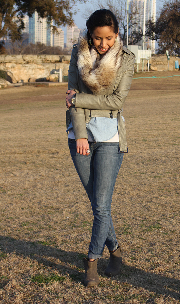 fur-scarf-blue-jeans-booties-green-leather-jacket
