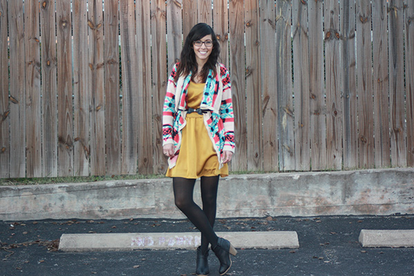 tribal-print-sweater-mustard-dress-black-booties