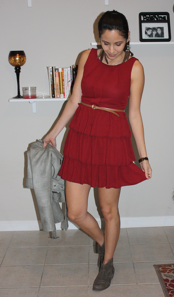 Vday-outfit-red-dress-booties-leather-jacket