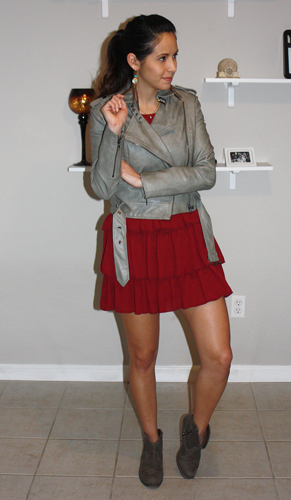 red-ruffle-dress-booties-leather-jacket